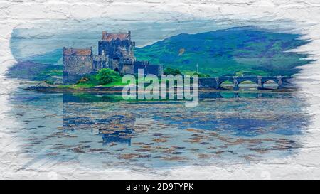 Acquerello del Castello di Eilean Donan in autunno, Scozia, Regno Unito Foto Stock