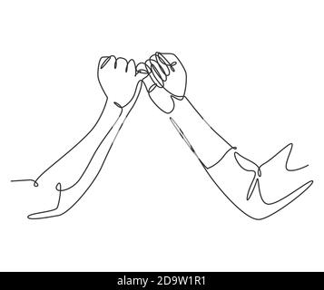 Un disegno di linea di due mani si agganciano le loro piccole dita. Legame di amicizia nello stile di disegno a linea continua. Vettore concettuale Promise Illustrazione Vettoriale