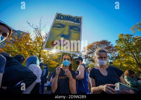 Una donna che indossa una maschera per il viso tiene un cartello che dice, Schmuck! Votate Trump mentre New York City erutta per celebrare la vittoria di Biden come 46° presidente degli Stati Uniti al Washington Square Park di New York. Foto Stock