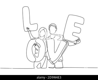 Una singola linea di disegno di giovane felice coppia uomo e donna che tiene PALLONCINO lettera D'AMORE dopo l'evento di matrimonio proposta. Concetto d'amore romantico Illustrazione Vettoriale