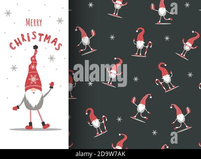 Gnomi di Natale su motivo senza giunture. Biglietto d'auguri con elfo nordico in cappello rosso. Illustrazione Vettoriale