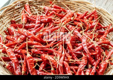 Primo piano gruppo di peperoni rossi secchi in un cesto di vimini. Foto Stock