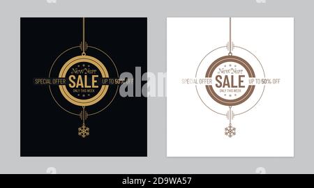 Banner di lusso nuovo anno di vendita disegni in astratta palline di Natale forma su sfondi in bianco e nero. Elegante vendita anno nuovo offerta speciale poster design Illustrazione Vettoriale