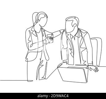 Un disegno di linea continuo dei giovani impiegati di sesso maschile e femminile si impegna in conversazioni emozionanti durante le pause di ufficio. Concetto di pausa al lavoro Illustrazione Vettoriale