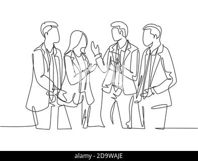 Un disegno di linea continuo dei giovani impiegati di sesso maschile e femminile ha un po 'di chiacchierata mentre una pausa di lavoro alla sede centrale. Concetto di vita quotidiana dei lavoratori Illustrazione Vettoriale