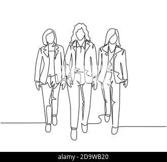 Un disegno di linea continuo delle giovani donne che camminano insieme ordinatamente in una fila nella strada della città va all'ufficio. Concetto di lavoratori urbani in pendolari Illustrazione Vettoriale
