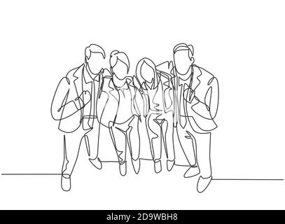 Un disegno di linea continuo dei giovani uomini e donne felici impiegati che si levano insieme e che posano abbracciarsi l'un l'altro in ufficio. Amicizia commerciale Illustrazione Vettoriale