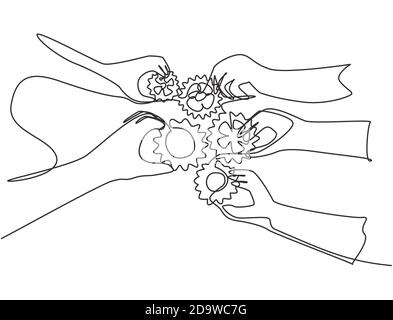 Un unico disegno a linea continua dei membri del team aziendale Hands Hands Hands unisce gli ingranaggi a uno come simbolo del lavoro di squadra. Concetto di unità che lavora insieme Illustrazione Vettoriale