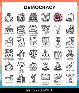 Icone della linea di concetto di democrazia impostate in stile moderno per ui, ux, web, app, brochure, volantini e design di presentazioni, ecc. Illustrazione Vettoriale