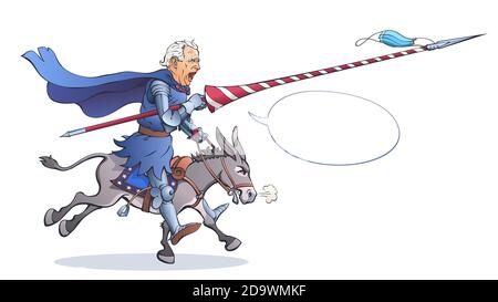 Joe Biden a cavallo di un asino. Nuovo presidente degli Stati Uniti sotto forma di cavaliere medievale. Leader tiene la lancia del torneo con una maschera medica come un pennant. Illustrazione Vettoriale