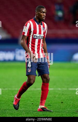 Geoffrey Kondogbia dell'Atletico de Madrid durante la Liga Santander partita tra Atletico de Madrid e Cadice CF allo stadio Wanda Metropolitano di Madrid, Spagna. 07 novembre 2020. (Foto di Perez Meca/MB Media) Foto Stock