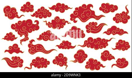 Nuvole orientali giapponesi. Nuvole di cielo tradizionali asiatiche, ornamento di doodle coreano. Simboli vettoriali decorativi orientali cinesi Illustrazione Vettoriale