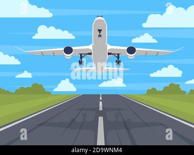 Pista dell'aeroplano. Atterraggio o decollo dell'aereo, aereo passeggeri in cielo blu. Illustrazione del vettore di viaggio o vacanza della pista dell'aeroporto Illustrazione Vettoriale