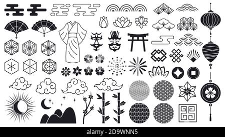 Elementi orientali asiatici. Fiori giapponesi o cinesi, ornamenti, nuvole e lanterne, icone asiatiche tradizionali. Simboli vettoriali di cultura orientale Illustrazione Vettoriale