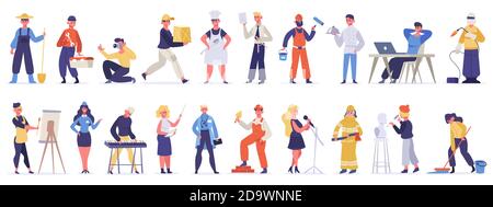 Professioni e occupazioni diverse. Professionisti in uniforme, medico, insegnante, chef e SPECIALISTA IT. Set di illustrazioni vettoriali del giorno lavorativo Illustrazione Vettoriale