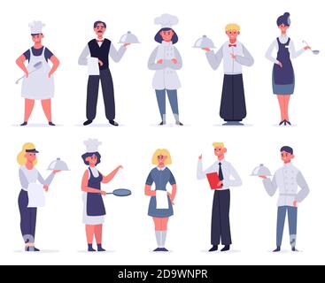 Lavoratori della cucina. Personaggi del personale del ristorante, chef, assistenti, hostess e cameriere, addetti alla cucina che cucinano e servono, set di illustrazioni vettoriali Illustrazione Vettoriale