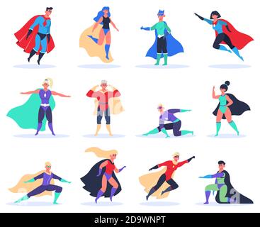 Supereroi femminili e maschili. Potenti personaggi supereroi, coraggiosi superman e superwoman in costume da supereroi con set di illustrazioni vettoriali a forma di mantello Illustrazione Vettoriale