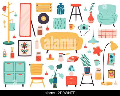 Elementi interni dell'Hygge. Mobili Doodle e comodi accessori per la casa, elementi interni del soggiorno isolato vettore illustrazione set Illustrazione Vettoriale