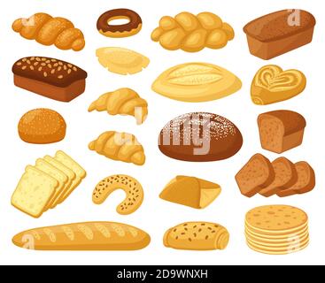 Pane di cartone animato. Prodotti da forno, baguette, pane e pane tostato, ciambella dolce, torta e croissant. Illustrazioni vettoriali prodotti di pasta di grano Illustrazione Vettoriale