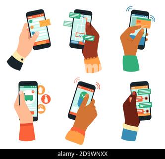 Mani che tengono gli smartphone. Social network, app mobile o concetto di comunicazione. Mani maschili e femminili con illustrazioni vettoriali di gadget Illustrazione Vettoriale