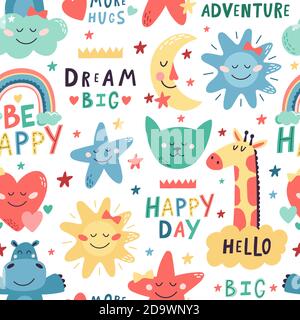 Carino modello per bambini. Animali carini, luna e stelle disegnati a mano senza cuciture. Nursery decorazione creativa vettoriale illustrazione di sfondo Illustrazione Vettoriale