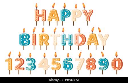 Felice candele di compleanno. Compleanno Party lettere e numeri candele di cera, festa di anniversario cute torta di compleanno candele vettore illustrazione insieme Illustrazione Vettoriale
