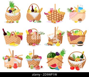 Cestini da picnic. Cestini da picnic in vimini con pane, frutta, verdura e vino. Cestino di paglia pieno di delish illustrazioni del vettore di cibo da picnic Illustrazione Vettoriale