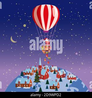 Babbo Natale vola in mongolfiera sulla notte di Earh Little Town. Buon Natale e Felice Anno Nuovo. Scatole regalo nel cestino di volo in mongolfiera Illustrazione Vettoriale