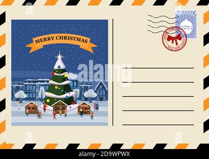 Cartolina di Natale e Capodanno con francobolli e contrassegno. Notte peccato xmass albero mercato città vecchia. Biglietto d'auguri con illustrazione vettoriale in stile cartoon piatto Illustrazione Vettoriale