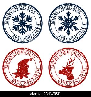 Allegro Christmasand felice anno nuovo Set sporco post timbro icona isolato su vettore bianco Illustrazione Vettoriale