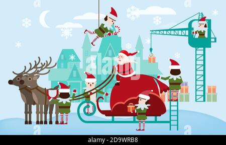 Babbo Natale su una slitta con i cervi e un sacco enorme di regali. Elves aiutanti raccogliere doni. Vettore di illustrazione di stile di cartone piatto isolato vettoriale Illustrazione Vettoriale
