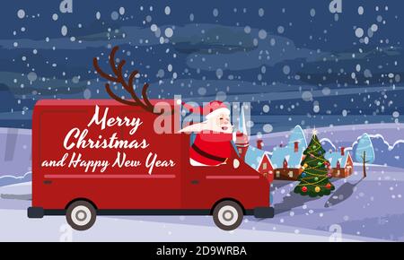 Merry Chrismas Babbo Natale Van consegna regali di fondo notte villaggio della città d'inverno. Poster del biglietto d'auguri con illustrazione vettoriale in stile cartoon piatto Illustrazione Vettoriale