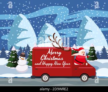 Merry Christmas Babbo Natale Van consegna regali sfondo paesaggio invernale. Banner poster di biglietti d'auguri con illustrazione vettoriale in stile cartoon piatto Illustrazione Vettoriale