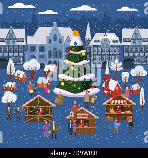 Mercatino di Natale o festa invernale all'aperto fiera sulla piazza Oldtown grande New Year albero paesaggio. Grande insieme di persone che camminano, acquistare regali, bere Illustrazione Vettoriale