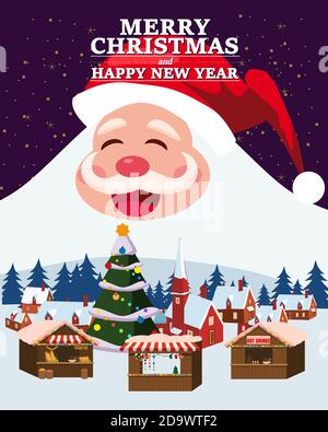 Babbo Natale grande e divertente sorridente sfondo mercatino di Natale in città. Biglietto d'auguri buon Natale e felice anno nuovo poster vettore Illustrazione Vettoriale