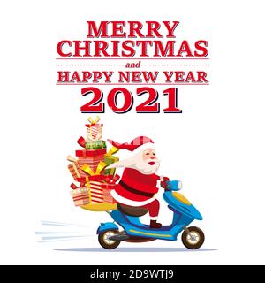 Il pulmino di Babbo Natale con testo Merry Chrismas e Happy New Year 2021 fa un giro in scooter che consegna regali di spedizione. Illustrazione vettoriale stile cartoon isolato Illustrazione Vettoriale