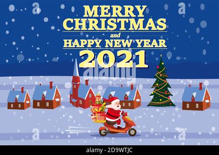 Il pulmino di Babbo Natale con il testo Merry Chrismas e Happy New Year 2021 fa un giro in scooter che consegna i regali di spedizione nella città invernale di notte. Illustrazione vettoriale Illustrazione Vettoriale