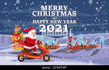 Il pulmino di Babbo Natale con il testo Merry Chrismas e Happy New Year 2021 fa un giro in scooter che consegna i regali di spedizione nella città invernale di notte. Illustrazione vettoriale Illustrazione Vettoriale