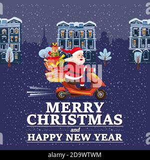 Il pulmino di Babbo Natale con il testo Merry Chrismas e Happy New Year 2021 fa un giro in scooter che consegna i regali di spedizione nella città invernale di notte. Illustrazione vettoriale Illustrazione Vettoriale