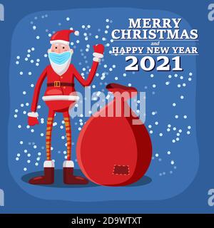 Babbo Natale in maschera medica protezione covid. Divaricarsi sociale in vacanza di Natale di Merry, protezione da virus corona. Illustrazione vettoriale isolata Illustrazione Vettoriale