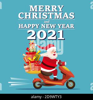 Il pulmino di Babbo Natale con testo Merry Chrismas e Happy New Year 2021 fa un giro in scooter che consegna regali di spedizione. Illustrazione vettoriale stile cartoon isolato Illustrazione Vettoriale