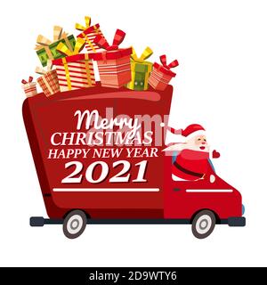 Pulmino Babbo Natale con testo buon Natale e Felice anno nuovo 2021 consegna regali di spedizione. Illustrazione vettoriale in stile cartoon piatto Illustrazione Vettoriale