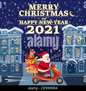 Il pulmino di Babbo Natale con il testo Merry Chrismas e Happy New Year 2021 fa un giro in scooter che consegna i regali di spedizione nella città invernale di notte. Illustrazione vettoriale Illustrazione Vettoriale