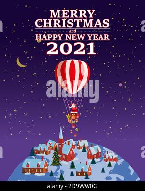 Pulmino di Babbo Natale con testo Merry Christmas e Happy New Anno 2021 volare in mongolfiera consegna di regali di spedizione nella città invernale notturna Illustrazione Vettoriale