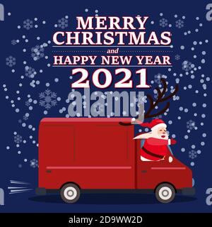 Pulmino Babbo Natale con testo buon Natale e Felice anno nuovo 2021 consegna regali di spedizione. Illustrazione vettoriale in stile cartoon piatto Illustrazione Vettoriale