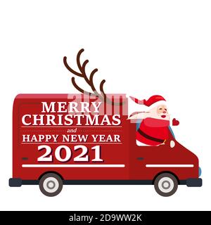 Pulmino Babbo Natale con testo buon Natale e Felice anno nuovo 2021 consegna regali di spedizione. Illustrazione vettoriale in stile cartoon piatto Illustrazione Vettoriale