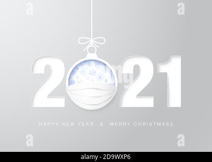 2021 biglietto d'auguri felice anno nuovo. Palla di Natale in maschera medica e testo di saluto. Protezione da virus e malattia concetto. Da felice e sano io Illustrazione Vettoriale