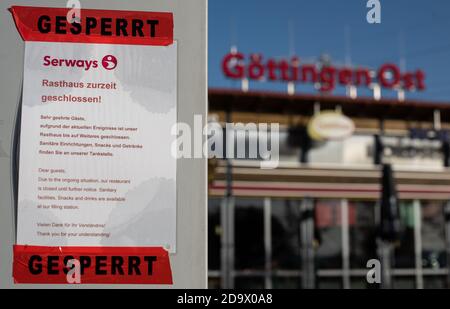 08 novembre 2020, bassa Sassonia, Göttingen: Un'indicazione "Gesperrt - Rasthaus zurzeit geschlossen" (zona di servizio chiusa) è appesa su un nastro di sbarramento di fronte all'area di servizio autostradale chiusa Göttingen Ost sull'autostrada A7. È il primo fine settimana del blocco parziale, quando si applicano le nuove regole inasprite per contenere il coronavirus. Foto: Swen Pförtner/dpa Foto Stock