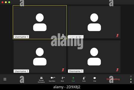 Interfaccia utente per videoconferenza modello, sovrapposizione finestra chiamate in videoconferenza. Quattro utenti. Illustrazione Vettoriale