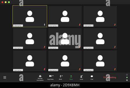 Interfaccia utente per videoconferenza modello, sovrapposizione finestra chiamate in videoconferenza.nove utenti. Illustrazione Vettoriale